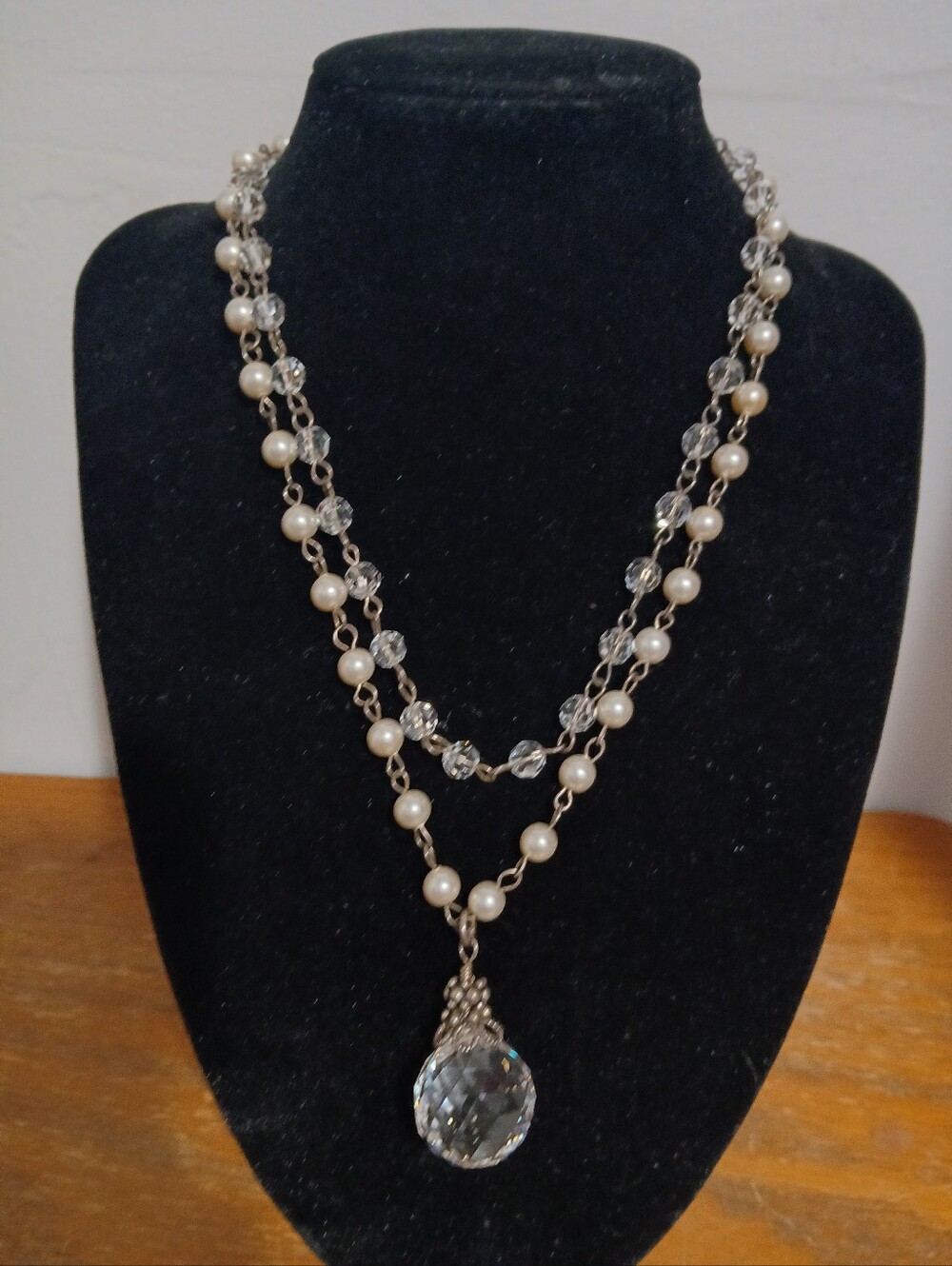 double layered necklace faux pearls faceted crystal beads with dangling pendant